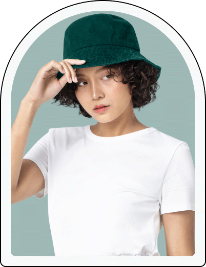 white crewneck t-shirt with centered blank chest mockup front view on female model wearing green bucket hat, waist-up