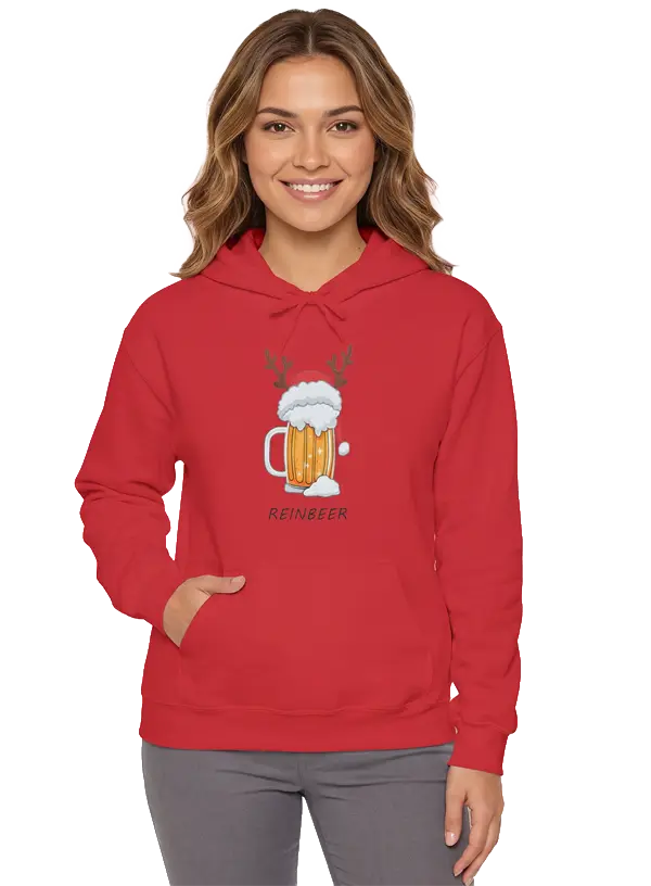 Red pullover hoodie women's relaxed fit featuring a center chest "Reinbeer" mug graphic with antlers front view model