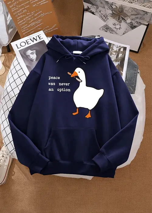 navy pullover hoodie with white goose graphic and "peace was never an option" center-front text, front flat lay