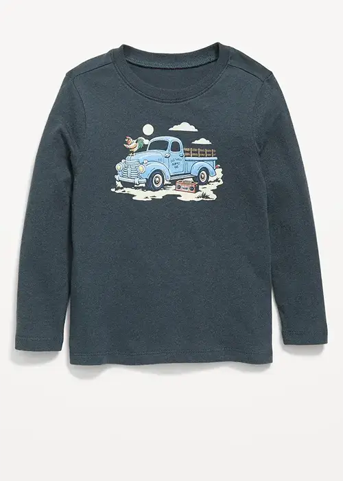 dark slate long-sleeve t-shirt unisex fit with centered vintage blue pickup truck and cloud graphic front view flat lay