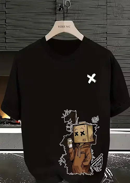 black short-sleeve unisex tee front view flat lay showing lower-right cardboard box head cartoon and small left-chest white X