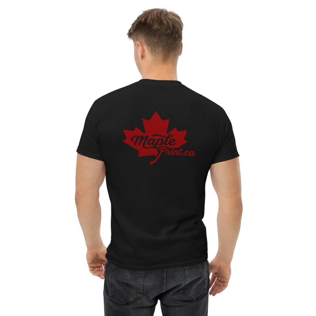 Unisex classic black tee with red Maple Print maple leaf logo centered on full back, classic unisex fit back view flat lay
