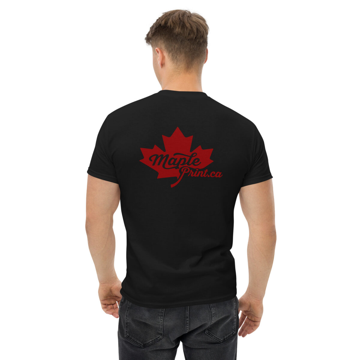 Unisex classic black tee with red Maple Print maple leaf logo centered on full back, classic unisex fit back view flat lay