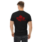 Unisex classic black tee with red Maple Print maple leaf logo centered on full back, classic unisex fit back view flat lay