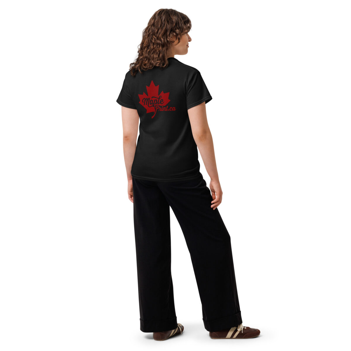 black unisex classic tee back view with large red maple leaf Maple Print logo on back and small front-left KraftyBliss crest