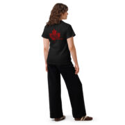 black unisex classic tee back view with large red maple leaf Maple Print logo on back and small front-left KraftyBliss crest
