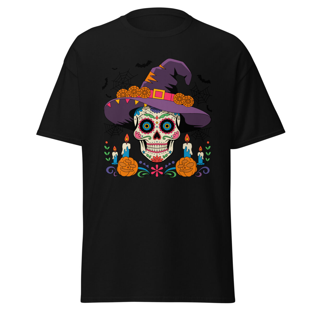 unisex black classic fit tee with sugar skull graphic wearing purple witch hat and candles centered front view flat lay