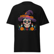 unisex black classic fit tee with sugar skull graphic wearing purple witch hat and candles centered front view flat lay