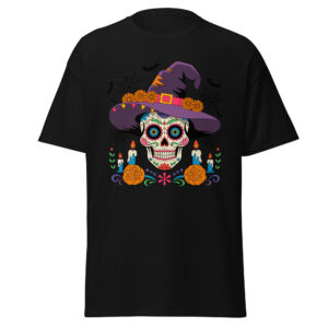 unisex black classic fit tee with sugar skull graphic wearing purple witch hat and candles centered front view flat lay