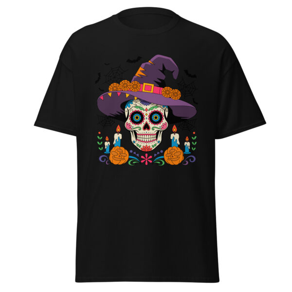 unisex black classic fit tee with sugar skull graphic wearing purple witch hat and candles centered front view flat lay