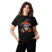 Unisex classic black tee with colorful sugar skull witch graphic centered on chest, front view model wearing classic fit