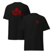 black unisex classic tee front view and back view mockup with KraftyBliss chest crest and full-size red maple leaf back print