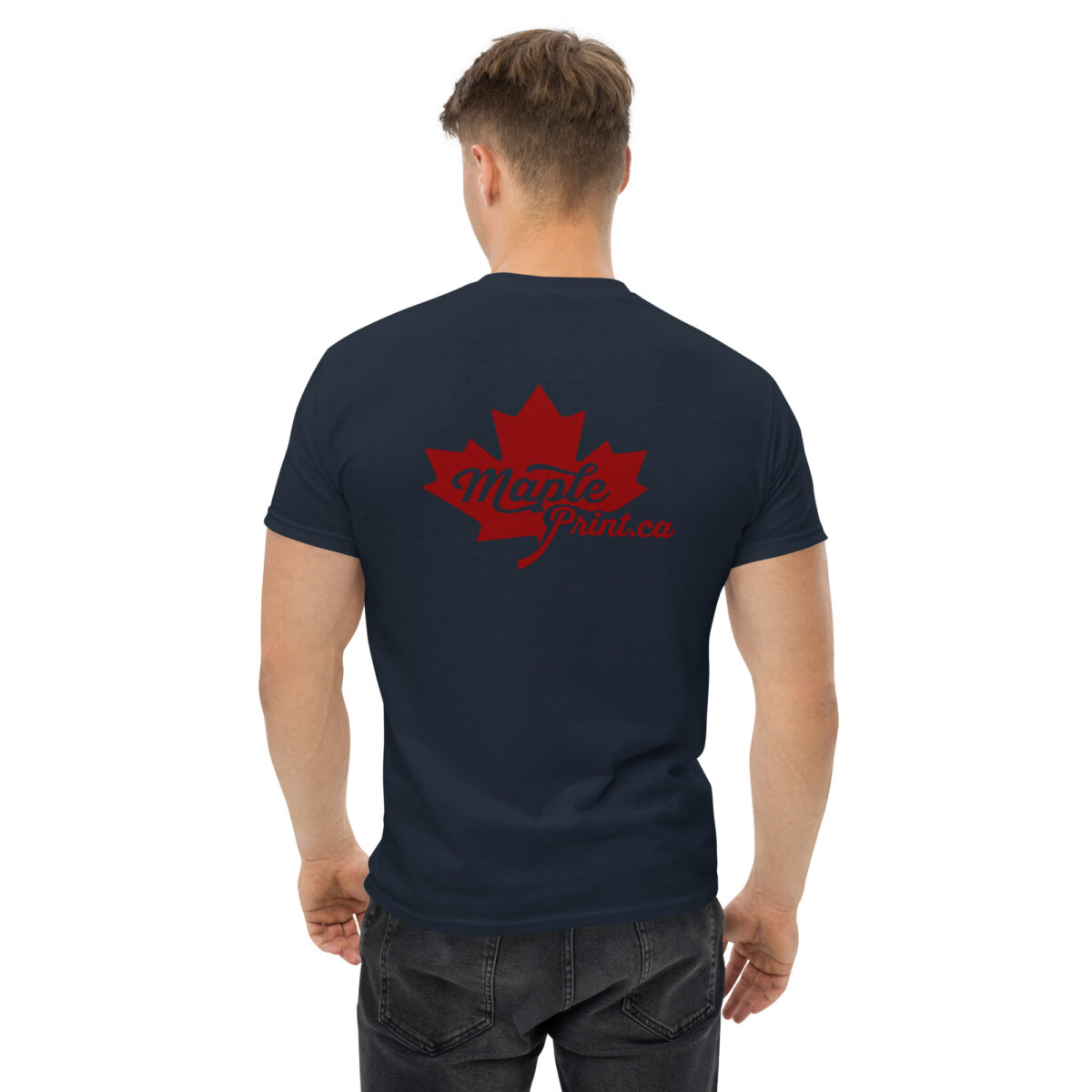 unisex classic navy t-shirt with red Maple Print.ca maple leaf logo centered on full back, rear view on model