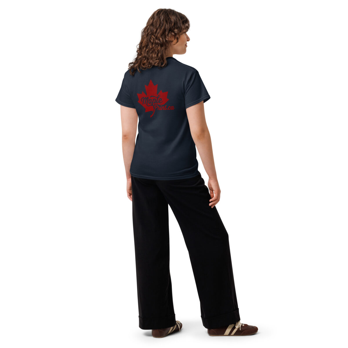 navy unisex classic tee with red Maple Print maple leaf full-back logo and small front left KraftyBliss crest, back view