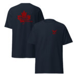 Unisex navy classic tee flat mockup showing KraftyBliss left-chest crest and large red Maple Print maple leaf on back
