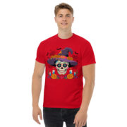 Unisex red classic-fit t-shirt with Día de los Muertos sugar skull witch graphic centered on chest, front view