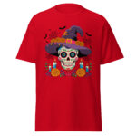 Unisex crimson red classic tee with centered Día de los Muertos sugar skull wearing a purple witch hat front view flat lay