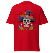 Unisex crimson red classic tee with centered Día de los Muertos sugar skull wearing a purple witch hat front view flat lay