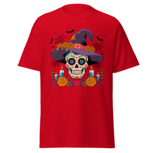 Unisex crimson red classic tee with centered Día de los Muertos sugar skull wearing a purple witch hat front view flat lay