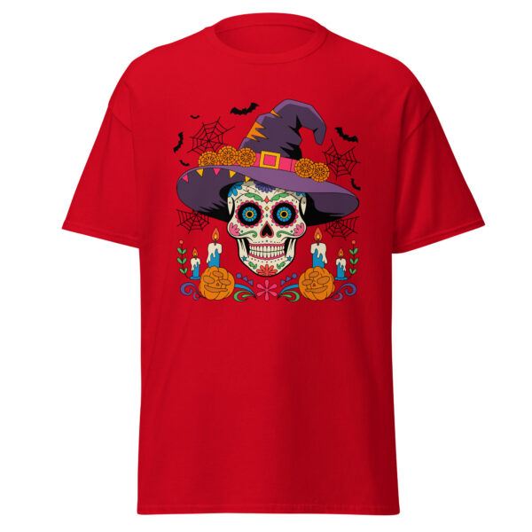 Unisex crimson red classic tee with centered Día de los Muertos sugar skull wearing a purple witch hat front view flat lay