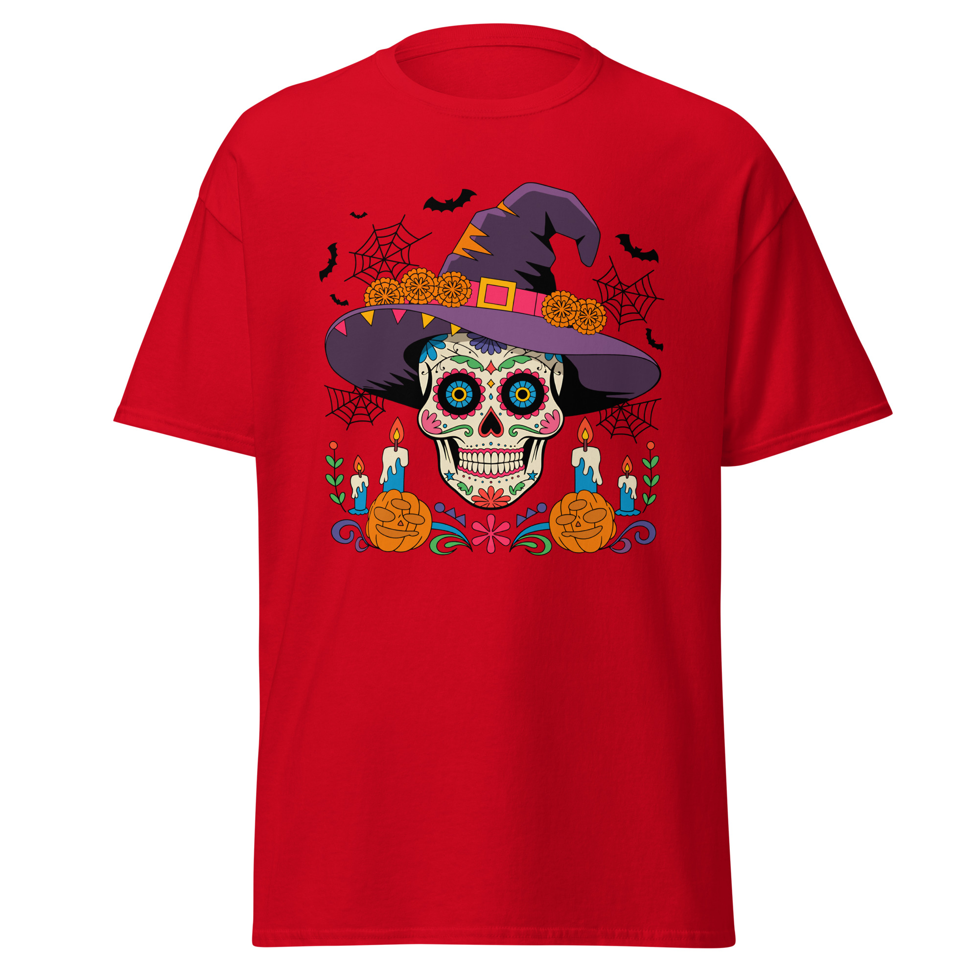 unisex-classic-tee-red-front-6aacbdc3a3e7b.jpg Unisex crimson red classic tee with centered Día de los Muertos sugar skull wearing a purple witch hat front view flat lay