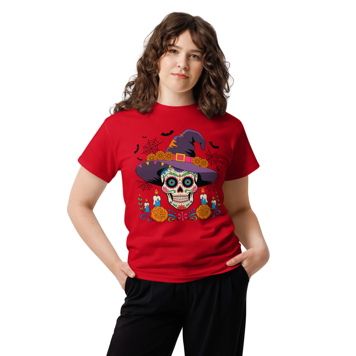 red unisex classic tee with Día de los Muertos sugar skull witch graphic centered on chest, front view model