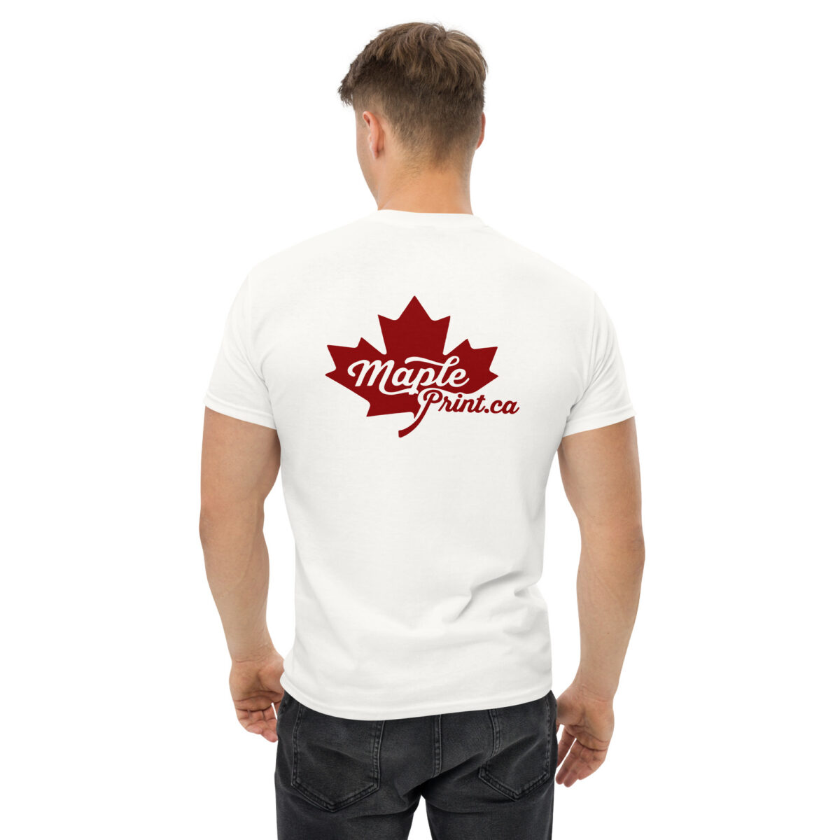 white unisex classic tee back view with large red Maple Print maple leaf logo centered on full back, classic fit