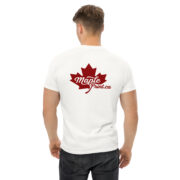 white unisex classic tee back view with large red Maple Print maple leaf logo centered on full back, classic fit