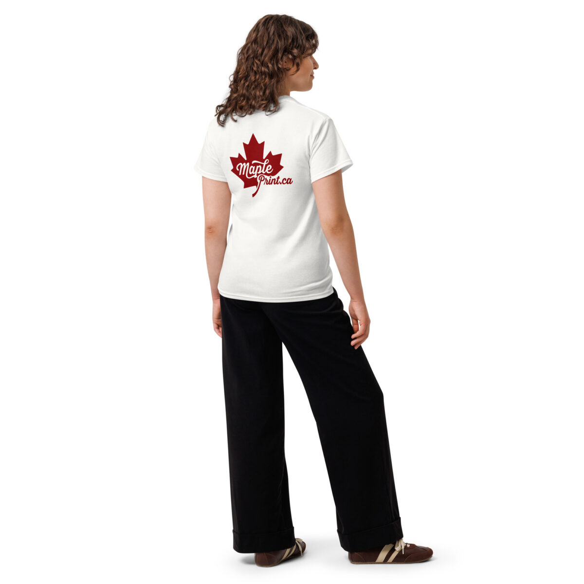 White unisex classic tee with red Maple Print.ca maple leaf back graphic, classic fit, model wearing back view flat lay style
