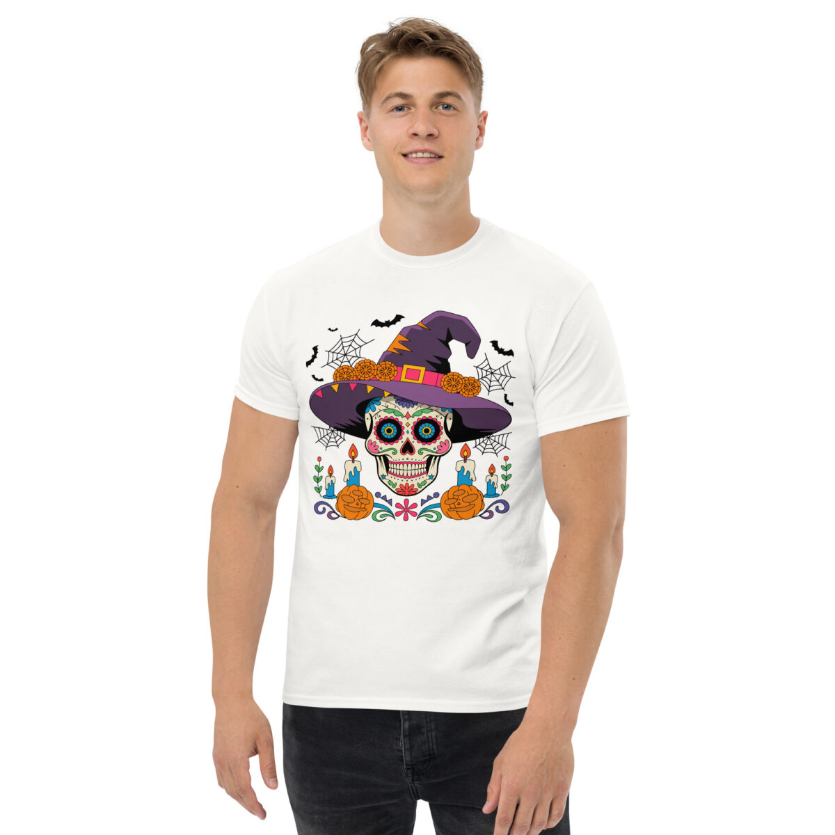 Unisex white classic tee with colorful sugar skull witch graphic centered on chest, male model wearing front view flat lay
