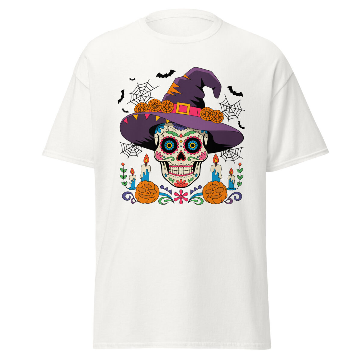 unisex classic white tee with sugar skull witch chest print and decorative candles, pumpkins, bats and spiderwebs, front view