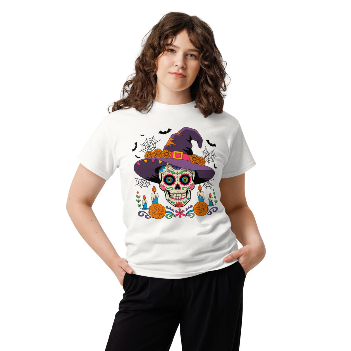 White unisex classic tee with colorful sugar skull witch graphic centered on chest, front view model wearing, classic fit
