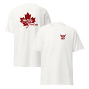 unisex white classic tee front-and-back mockup with small KraftyBliss chest crest and bold red Maple Print maple leaf on back