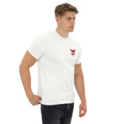 Unisex classic white crewneck tee with red KraftyBliss crest left chest and maple logo on full back, right-front model