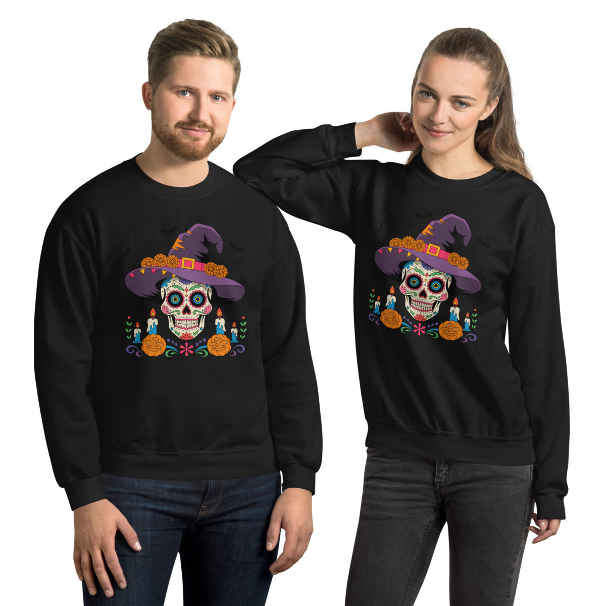 unisex black crewneck sweatshirt featuring sugar skull witch chest graphic, front view flat with male and female models