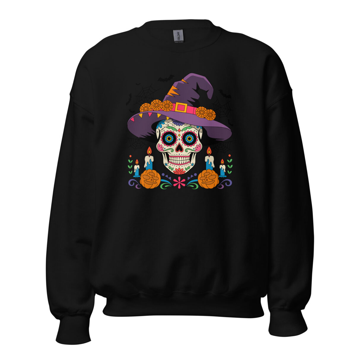 black unisex crewneck sweatshirt with colorful Día de los Muertos sugar skull wearing a purple witch hat front view flat lay