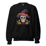 black unisex crewneck sweatshirt with colorful Día de los Muertos sugar skull wearing a purple witch hat front view flat lay
