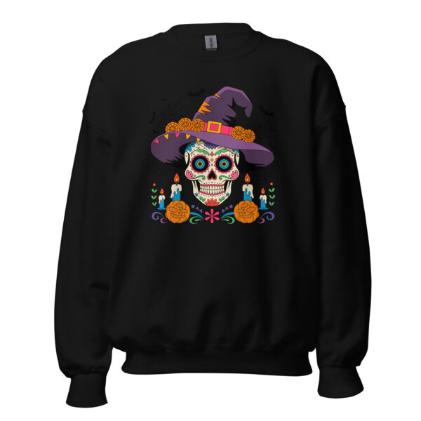 black unisex crewneck sweatshirt with colorful Día de los Muertos sugar skull wearing a purple witch hat front view flat lay