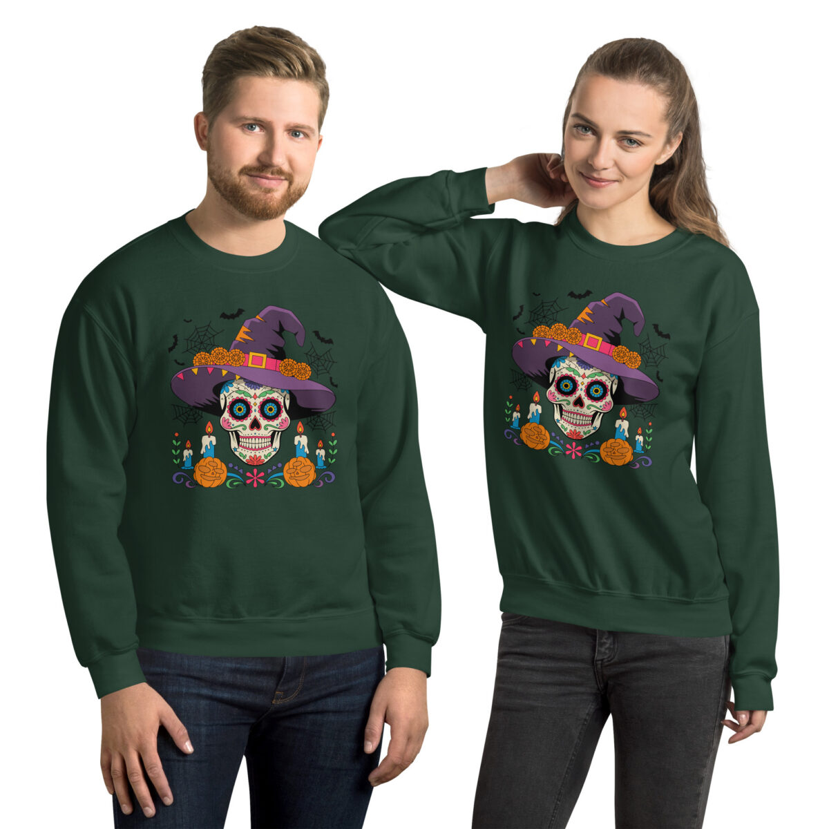 unisex forest green crewneck sweatshirt featuring sugar skull witch graphic centered on chest front view with models