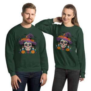 unisex forest green crewneck sweatshirt featuring sugar skull witch graphic centered on chest front view with models
