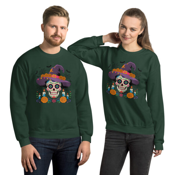 unisex forest green crewneck sweatshirt featuring sugar skull witch graphic centered on chest front view with models