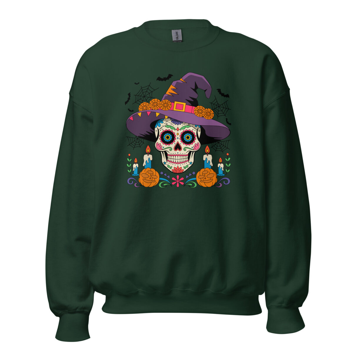 Forest green unisex crewneck sweatshirt front view flat lay with centered sugar skull wearing a purple witch hat and candles