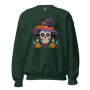 Forest green unisex crewneck sweatshirt front view flat lay with centered sugar skull wearing a purple witch hat and candles