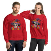 unisex red crewneck sweatshirt with center sugar skull and witch hat graphic, front view on male and female models