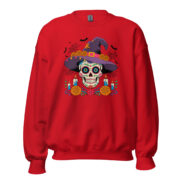 Unisex red crewneck with centered sugar skull wearing a purple witch hat graphic on the chest, front view flat lay