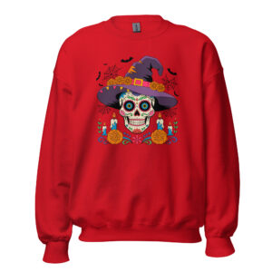 Unisex red crewneck with centered sugar skull wearing a purple witch hat graphic on the chest, front view flat lay