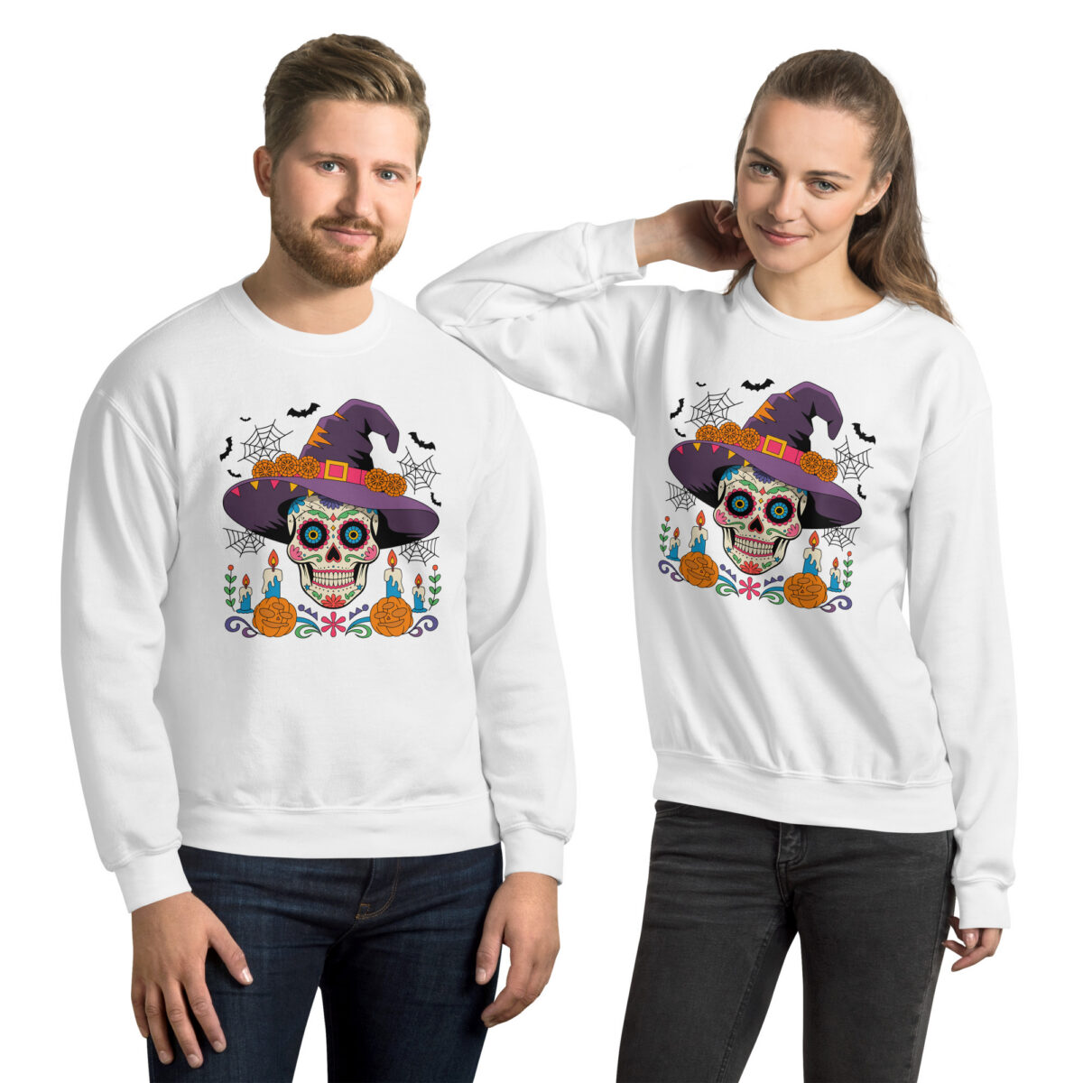 unisex white crewneck sweatshirt with colorful sugar skull witch graphic centered on chest, front view with models