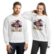 unisex white crewneck sweatshirt with colorful sugar skull witch graphic centered on chest, front view with models