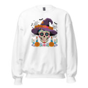 Unisex white crewneck sweatshirt front view with colorful sugar skull witch graphic centered chest, candles and pumpkins