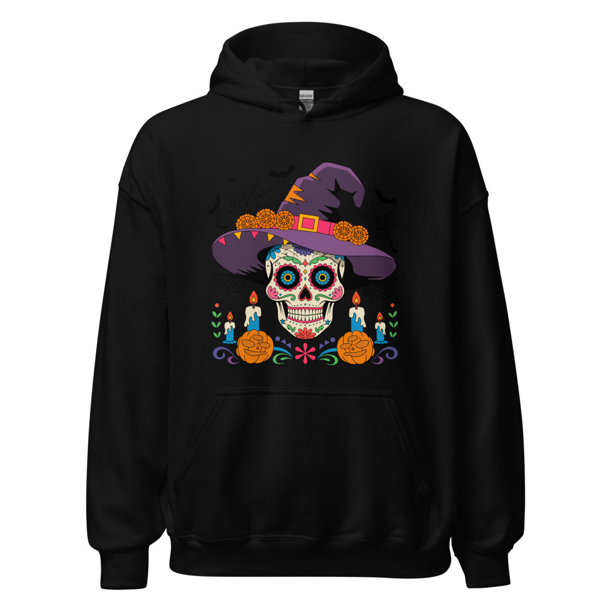 unisex black heavy blend hoodie front view with Día de los Muertos sugar skull wearing purple witch hat on chest